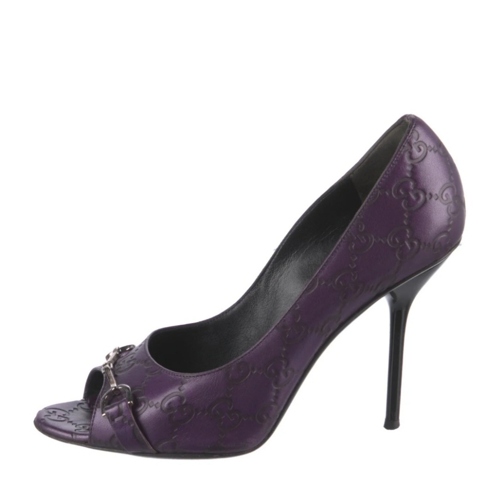 Gucci GG Logo Embossed Purple Genuine Leather Peep Toe Shoes Pumps Heels